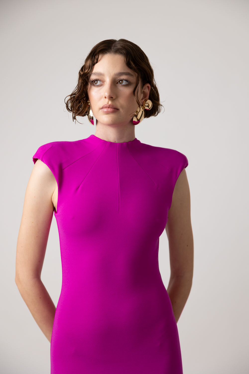 MAGENTA CREPE CAP SLEEVE  DRESS