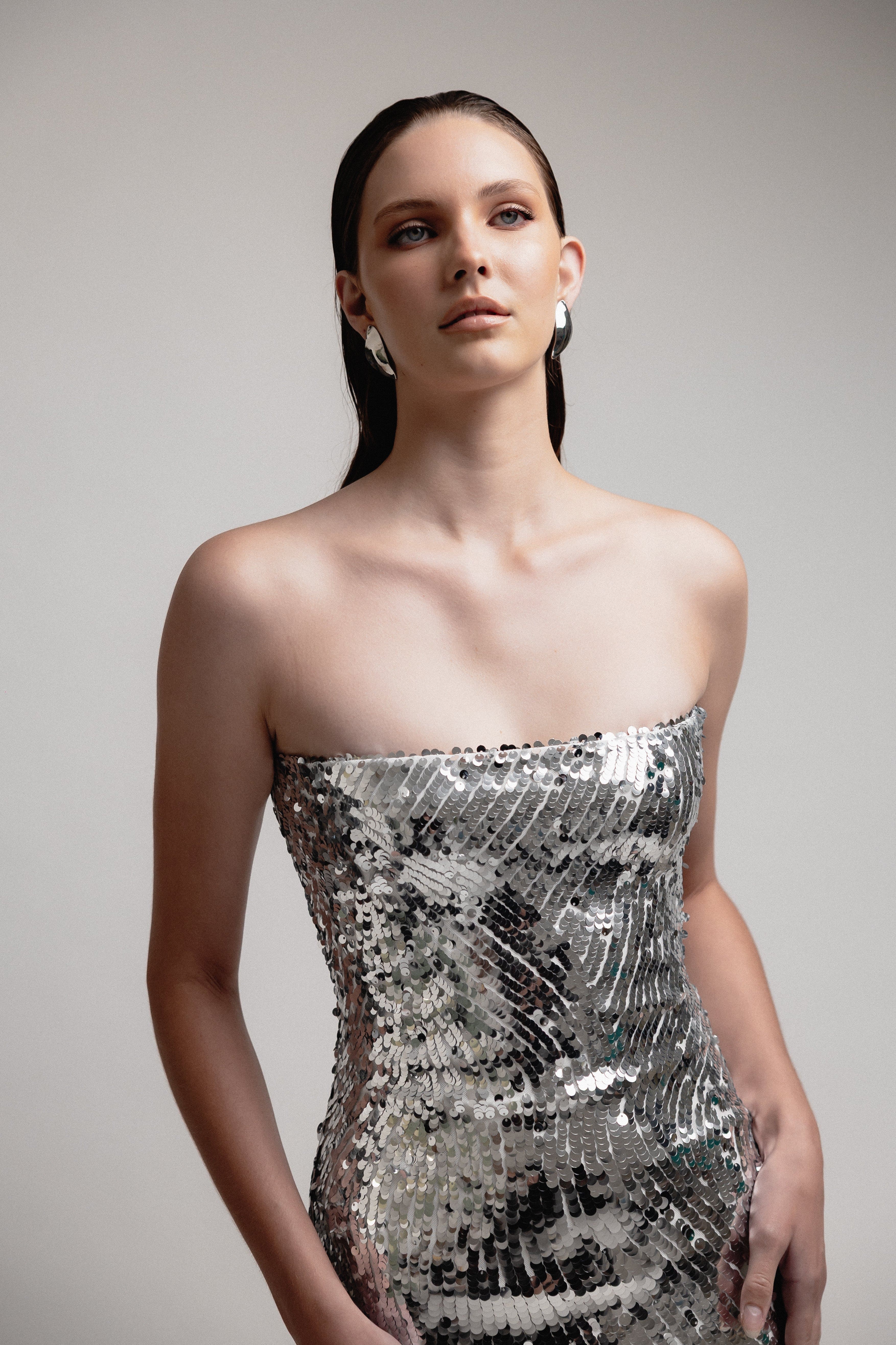 SILVER SEQUIN STRAPLESS MIDI DRESS