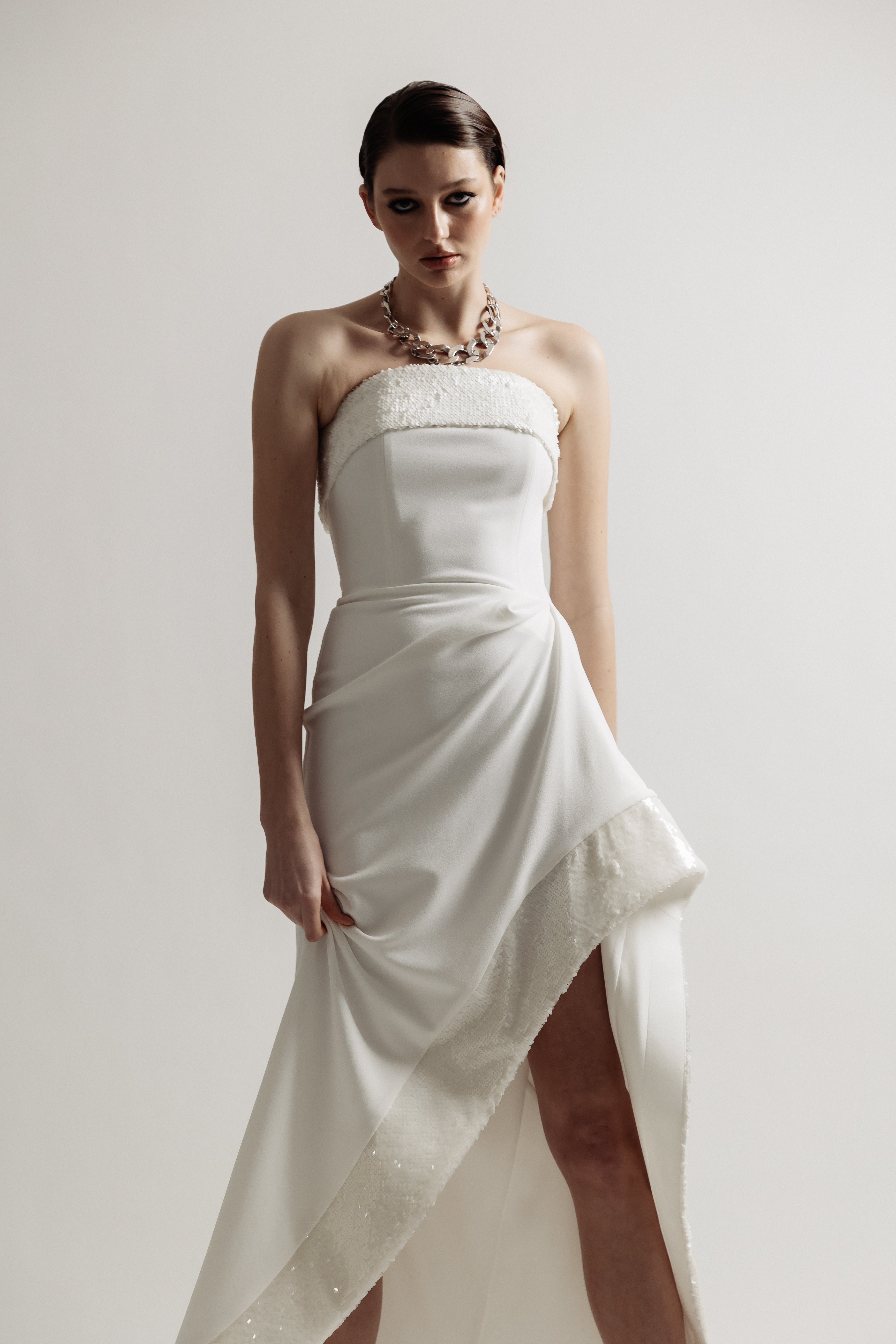 STRAPLESS ASY SEQUIN DRESS WHITE