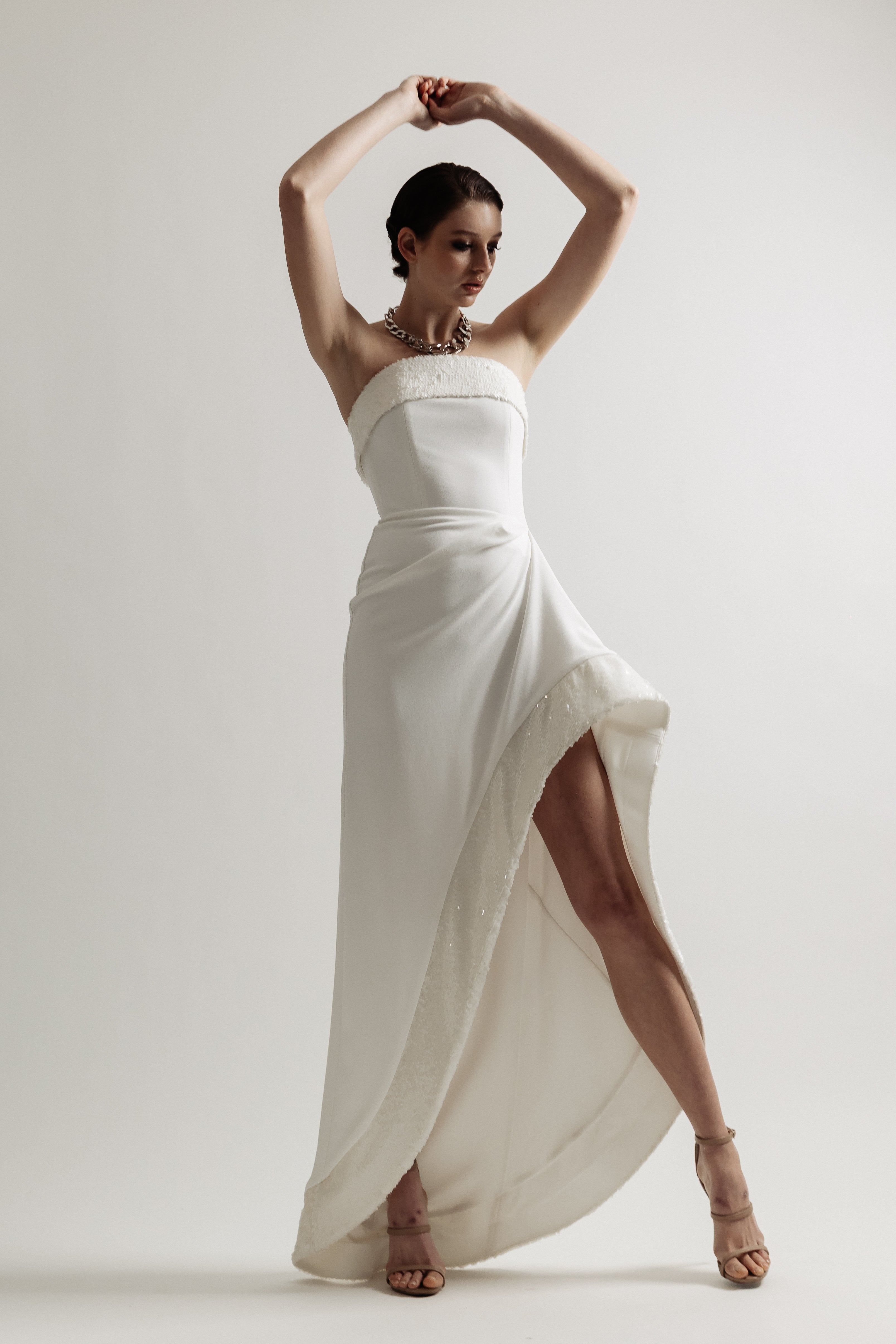 STRAPLESS ASY SEQUIN DRESS WHITE