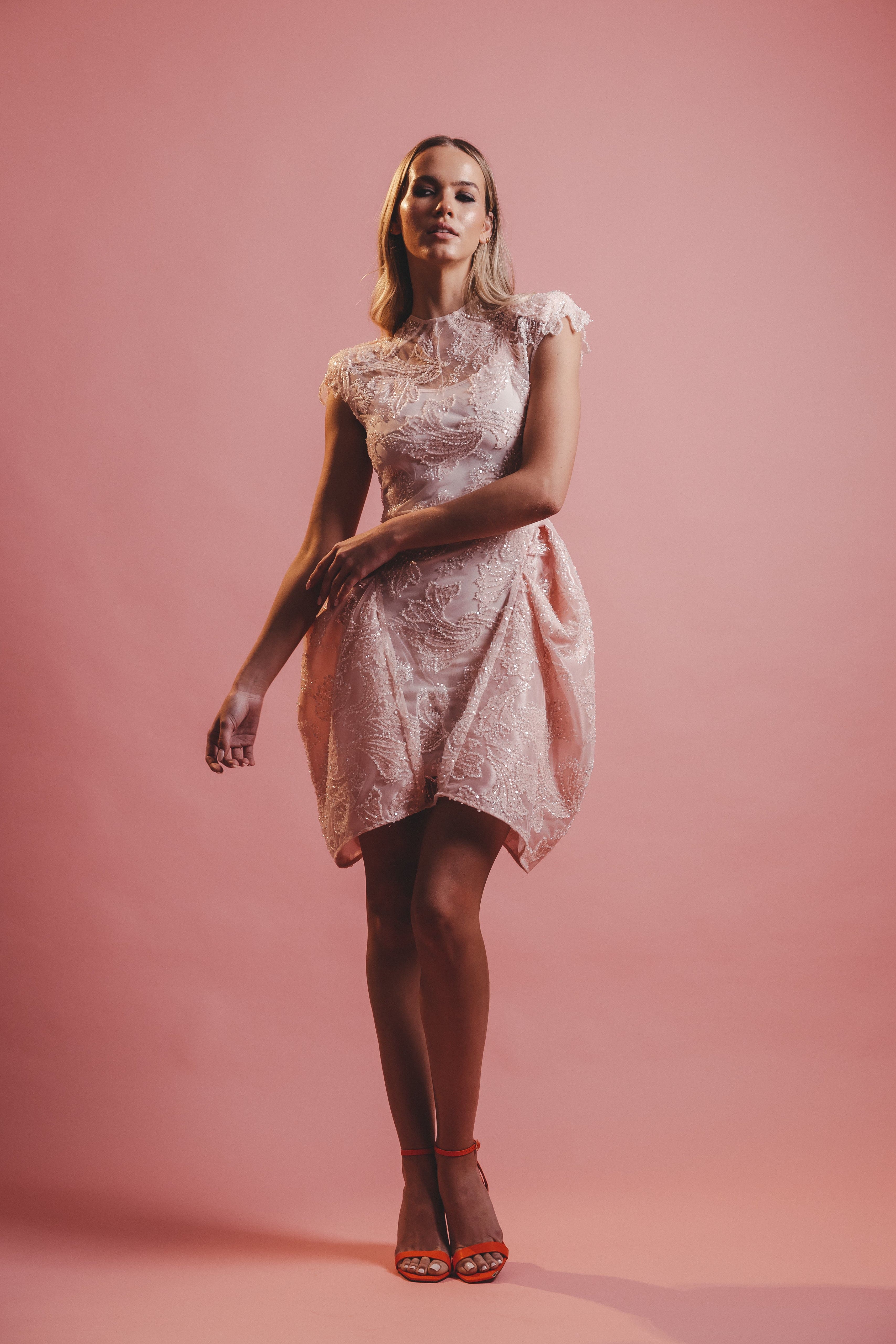 BEADED LACE CAP SLEEVE MINI DRESS PINK