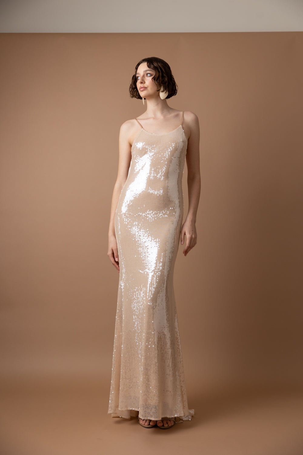 NUDE SEQUIN SLIP DRESS