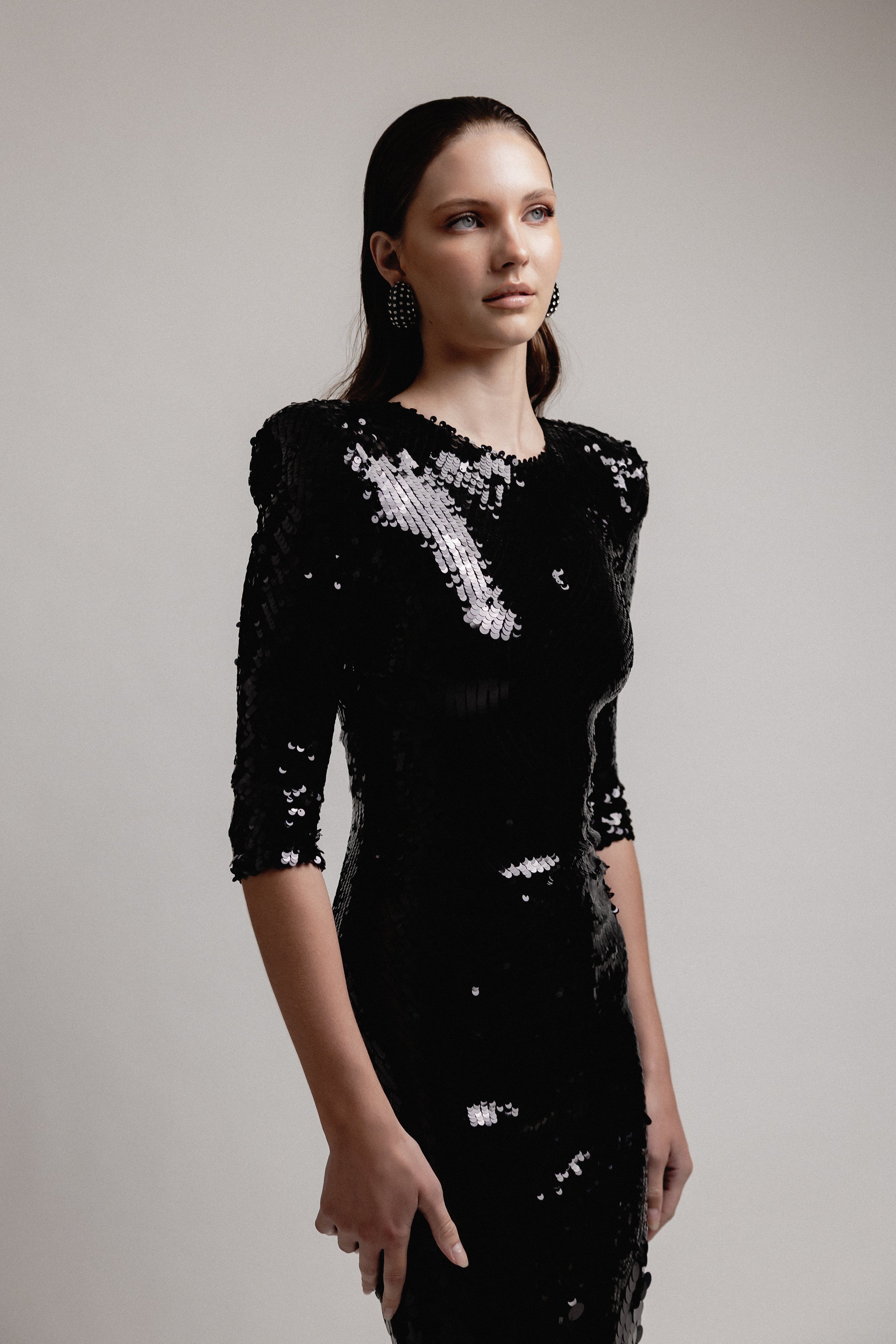 BLACK SEQUIN MIDI DRESS