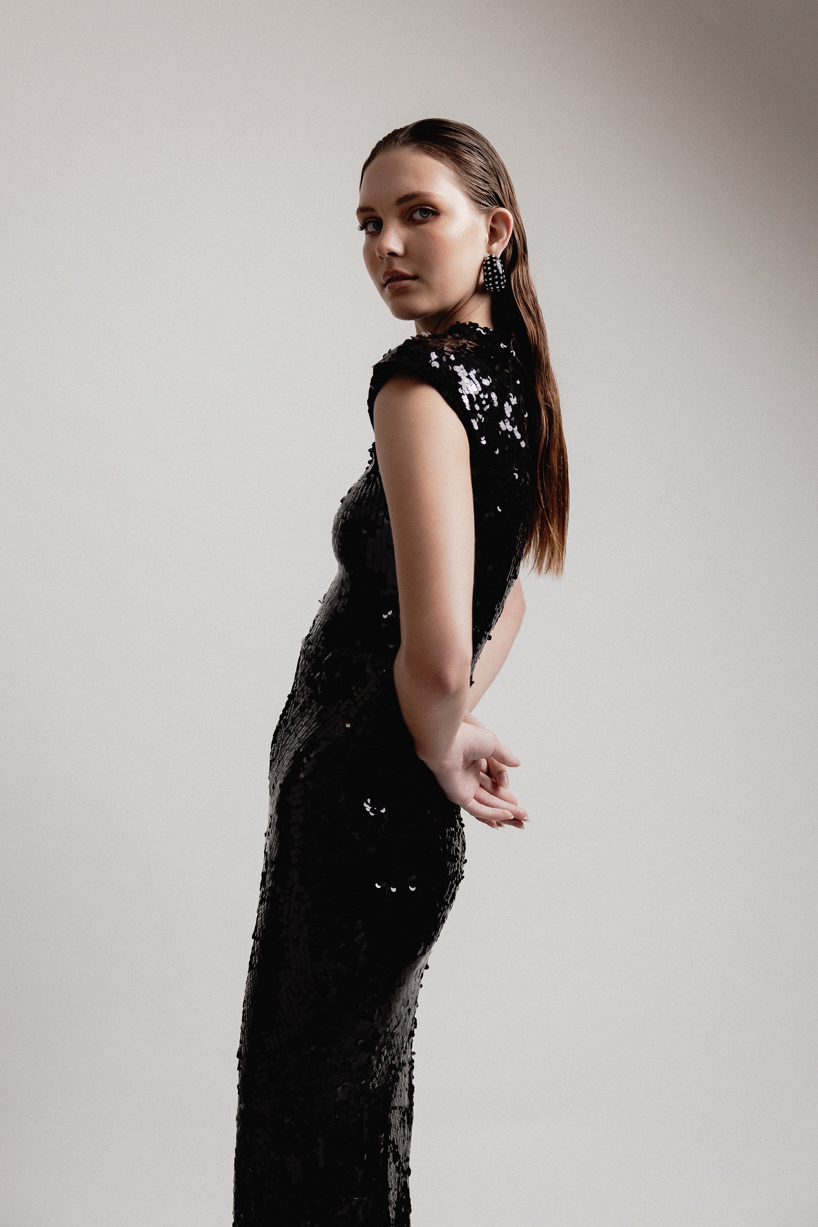 BLACK SEQUIN CAP SLEEVE  GOWN