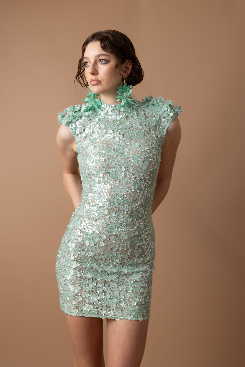 MINT LACE CAP SLEEVE MINI DRESS