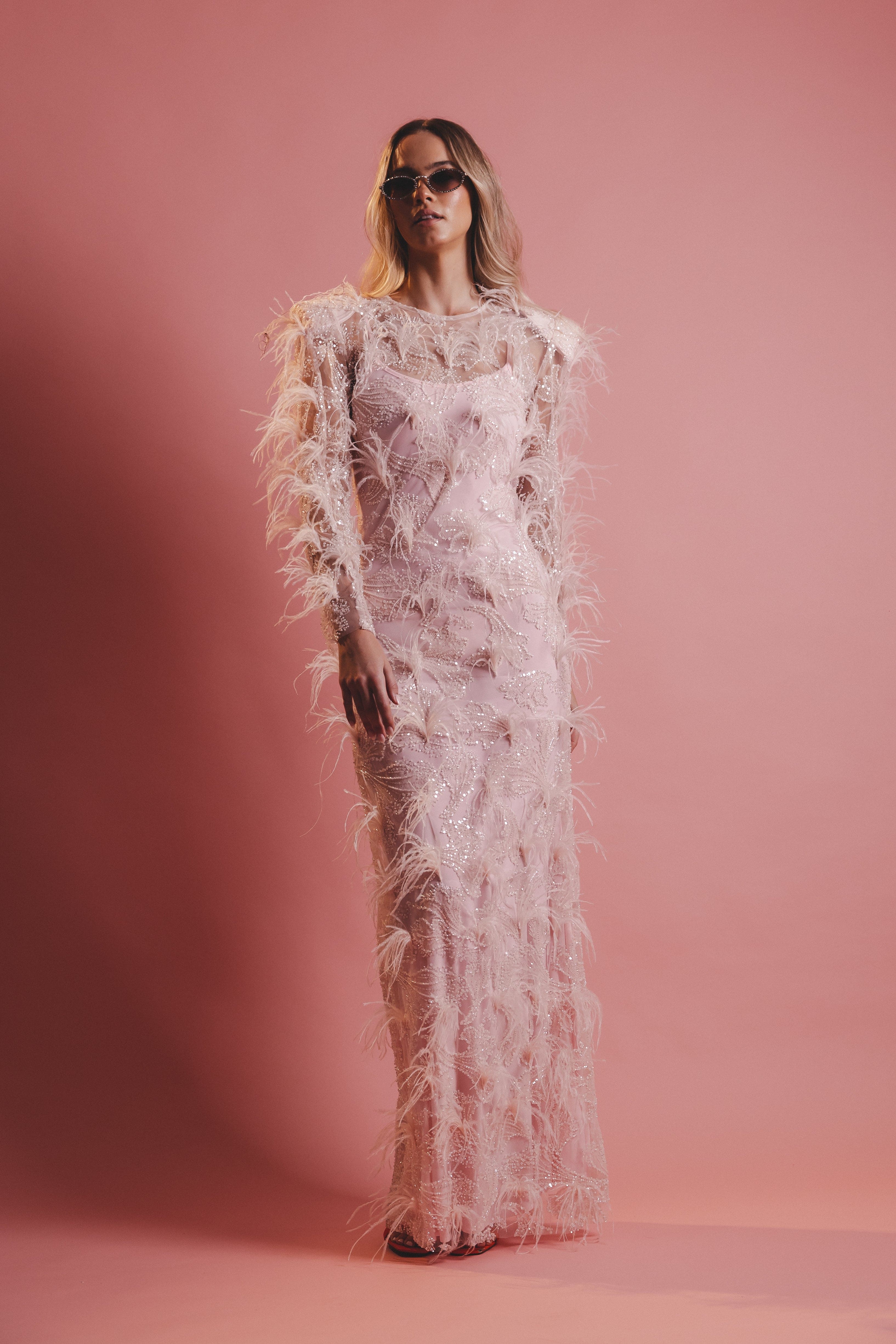 OSTRICH FEATHERED BEADED LACE DRESS PINK LONG