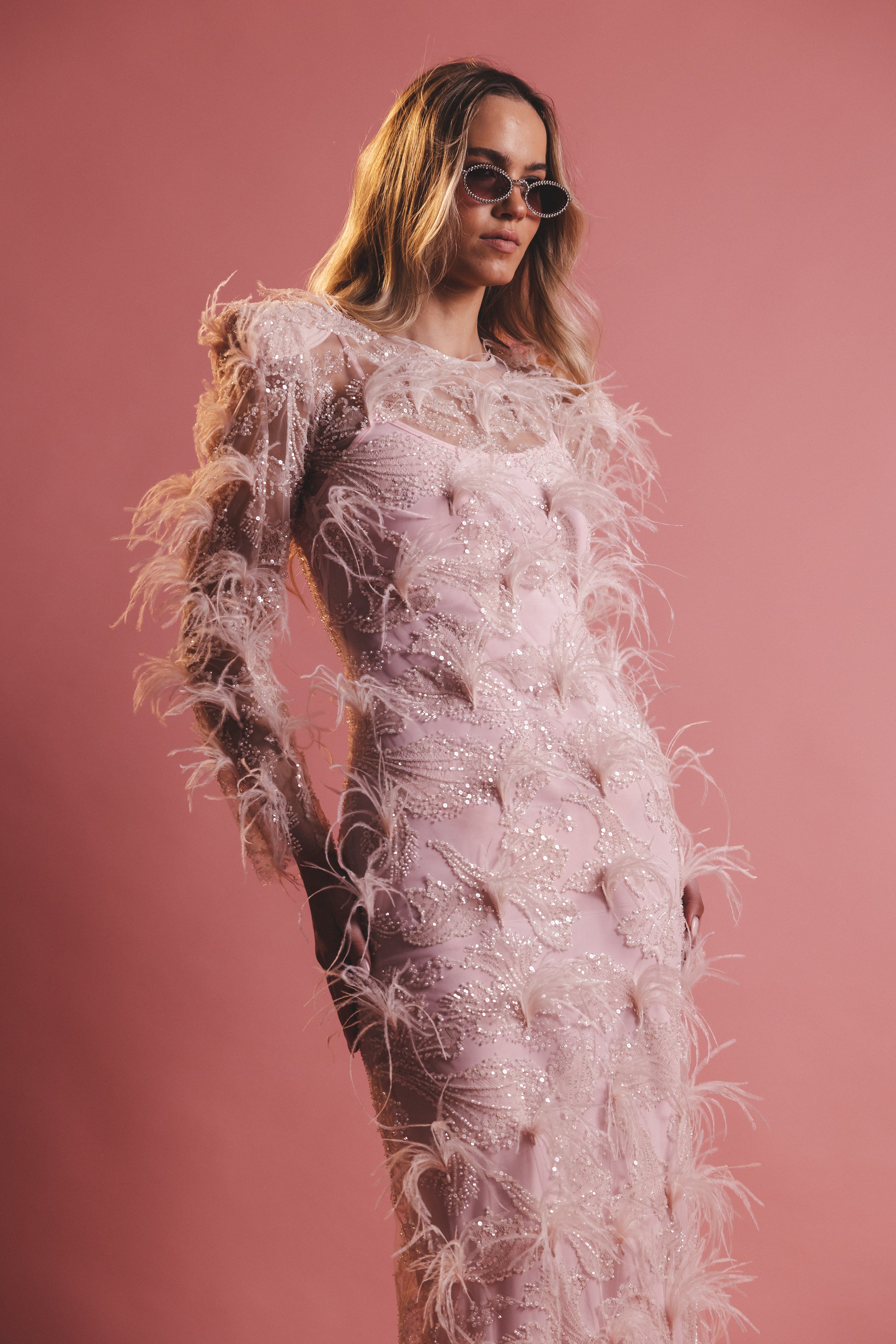 OSTRICH FEATHERED BEADED LACE DRESS PINK LONG