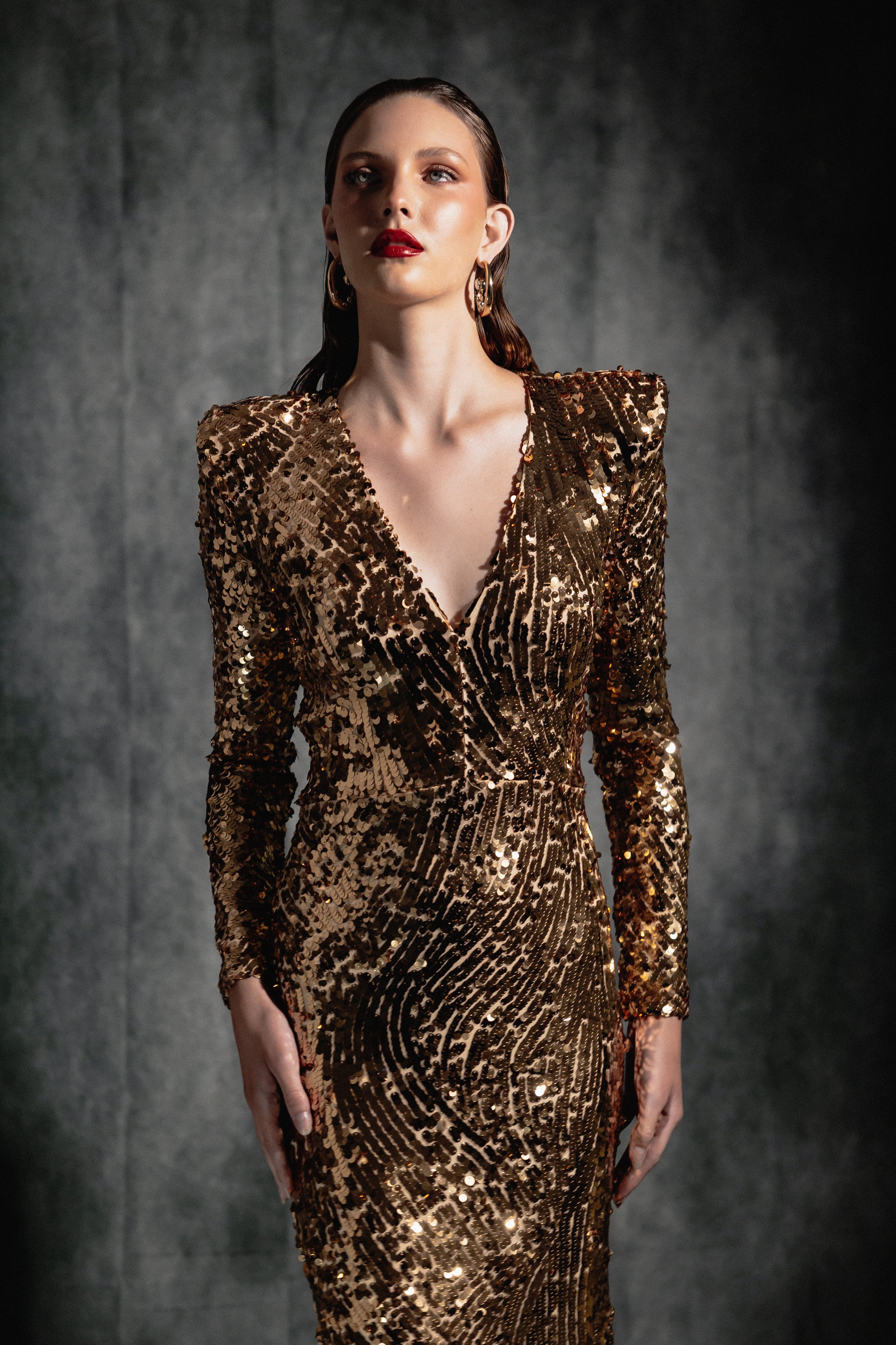 GOLD SEQUIN VNECK GOWN