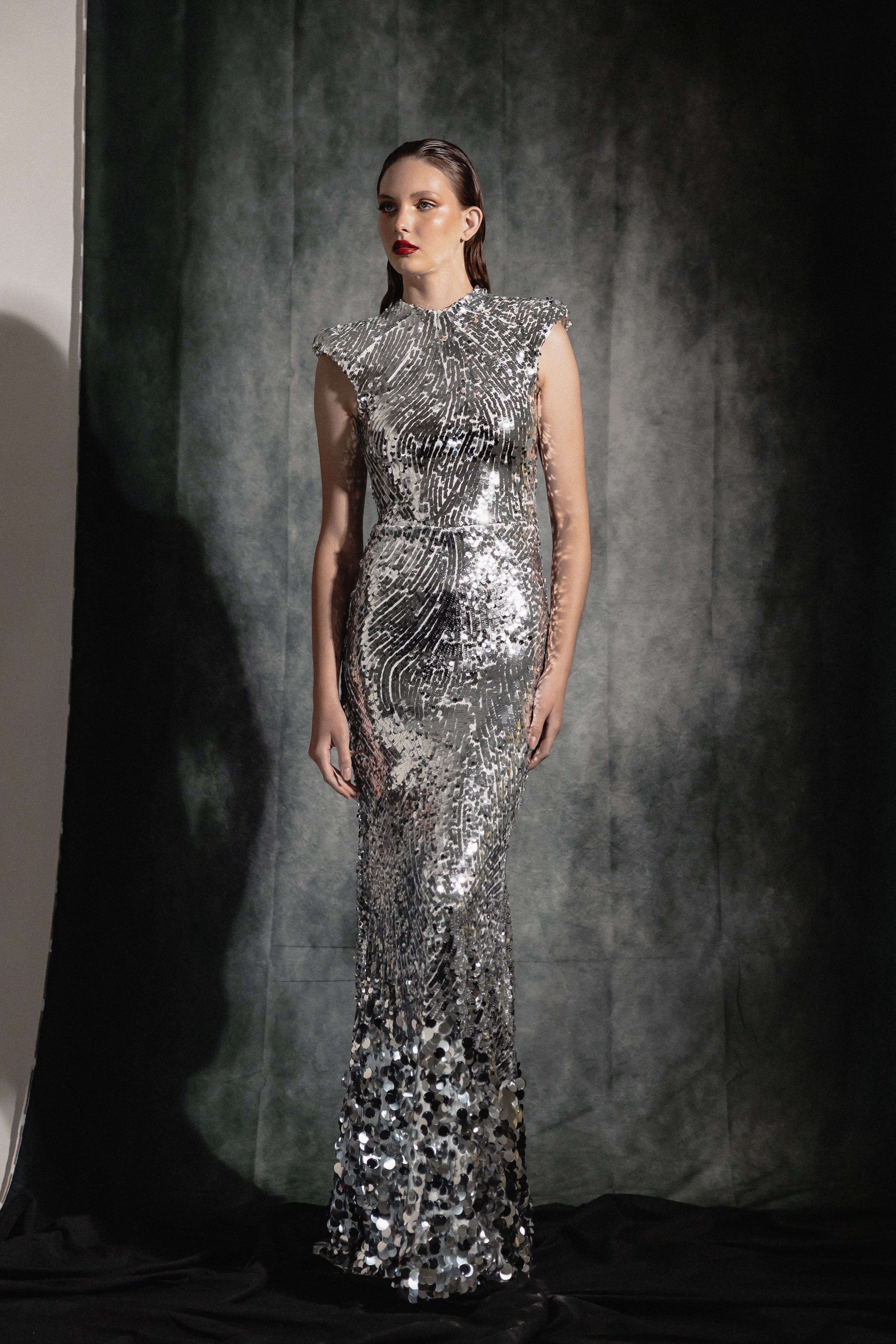 SILVER SEQUIN CAP SLEEVE  GOWN