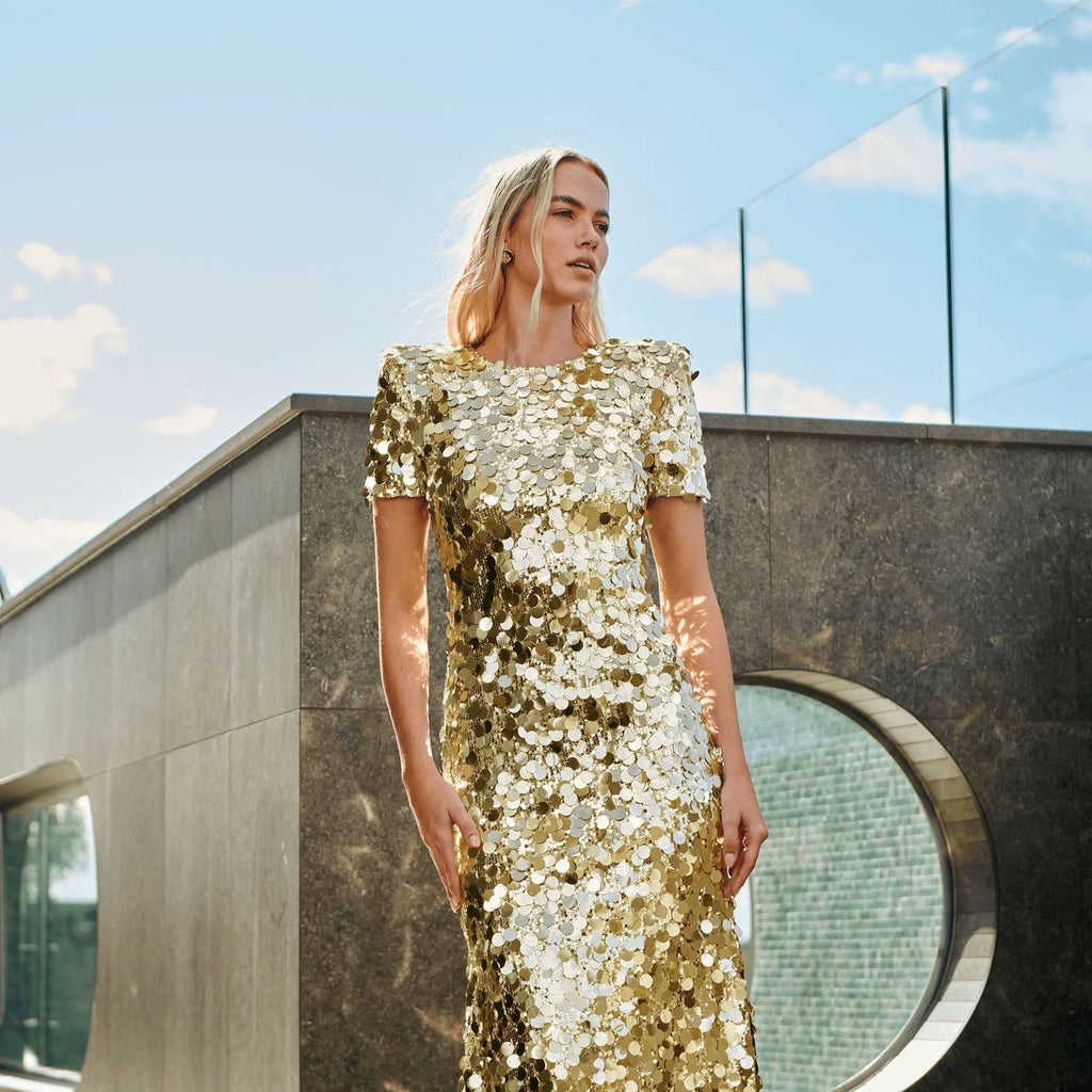 Mirrored Sequin Gown Gold