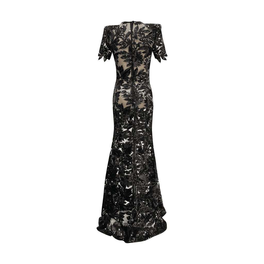 Black Floral Sequin Gown