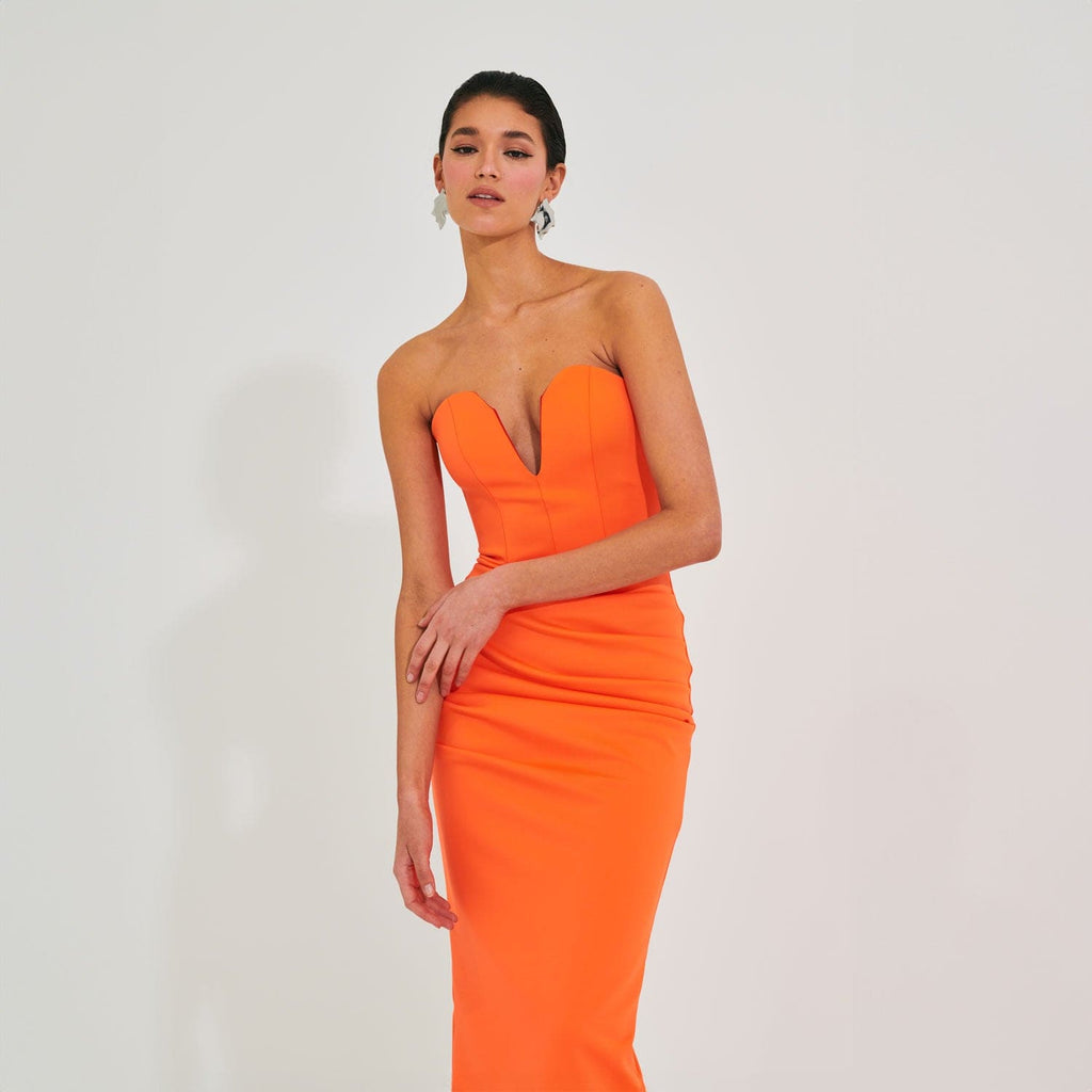 Neon Orange U Shape Bustier Midi Dress