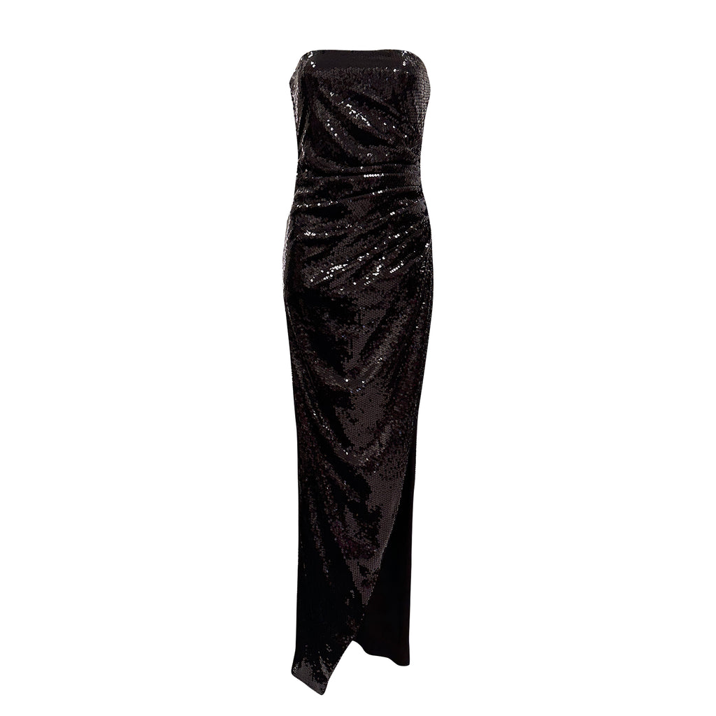 Black Sequin Pleated Strapless Dress