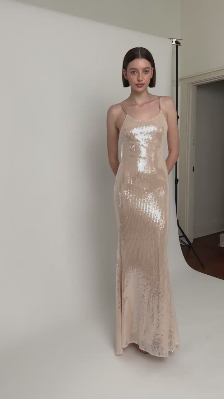NUDE SEQUIN SLIP DRESS