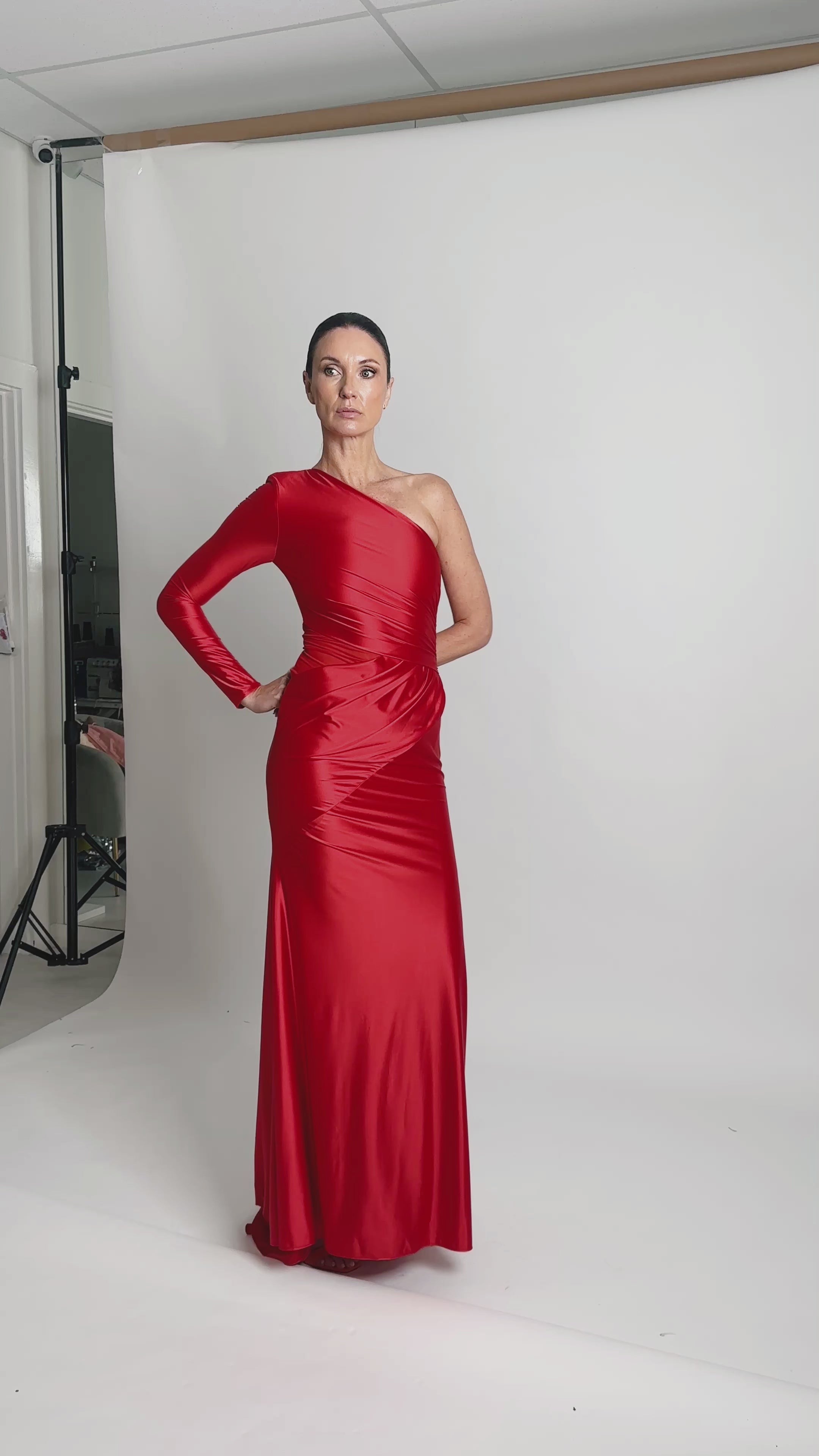 RED ONE SHOULDER RUCHE GOWN