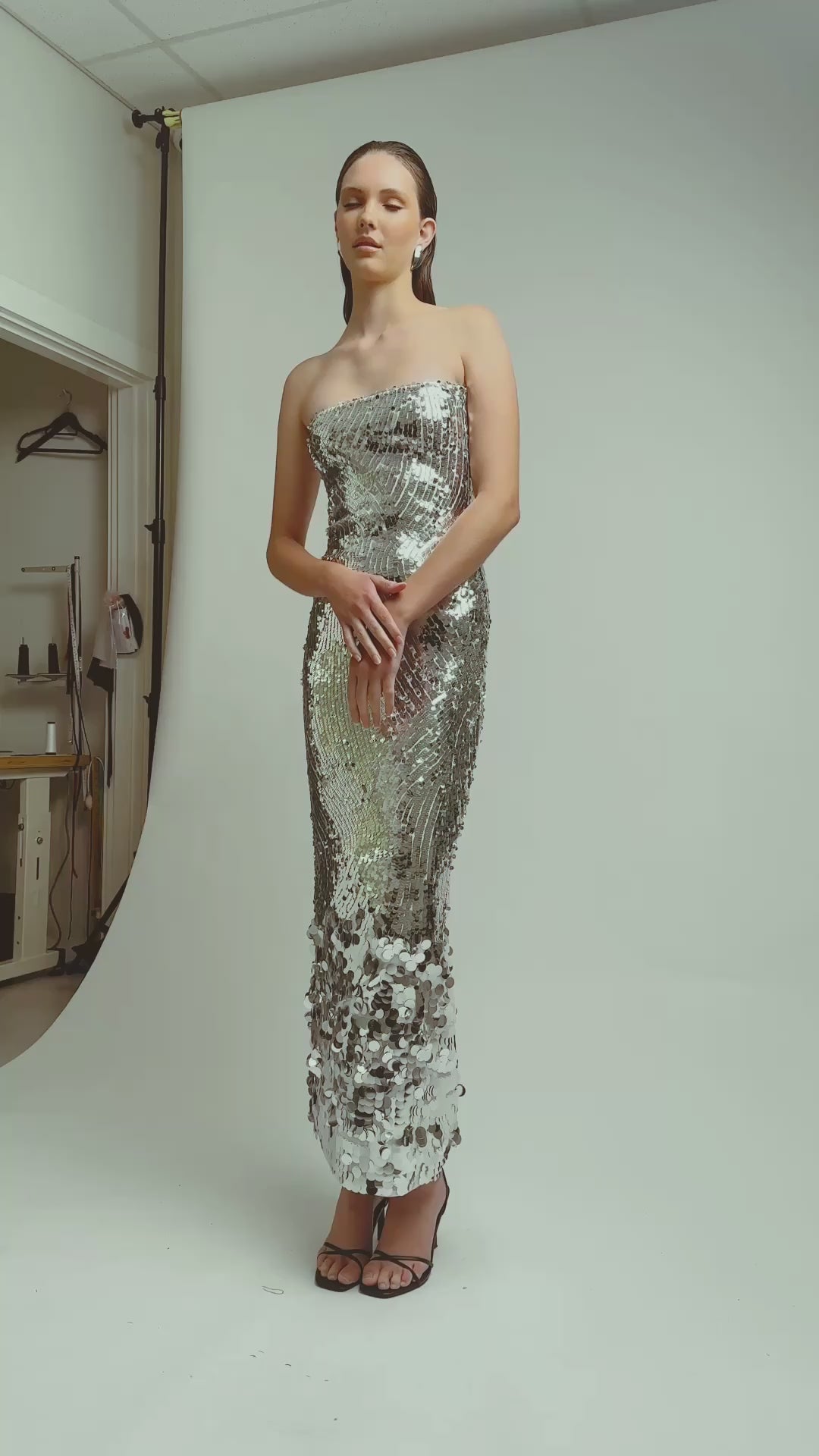 SILVER SEQUIN STRAPLESS MIDI DRESS