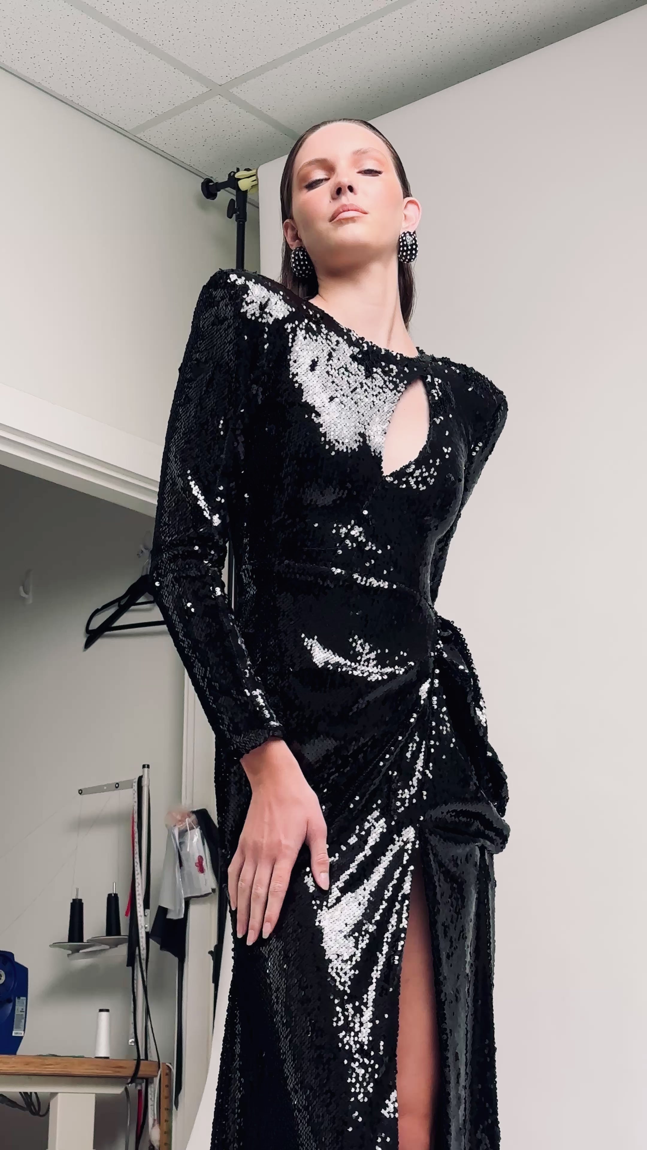 BLACK  SEQUIN  DRAPED GOWN