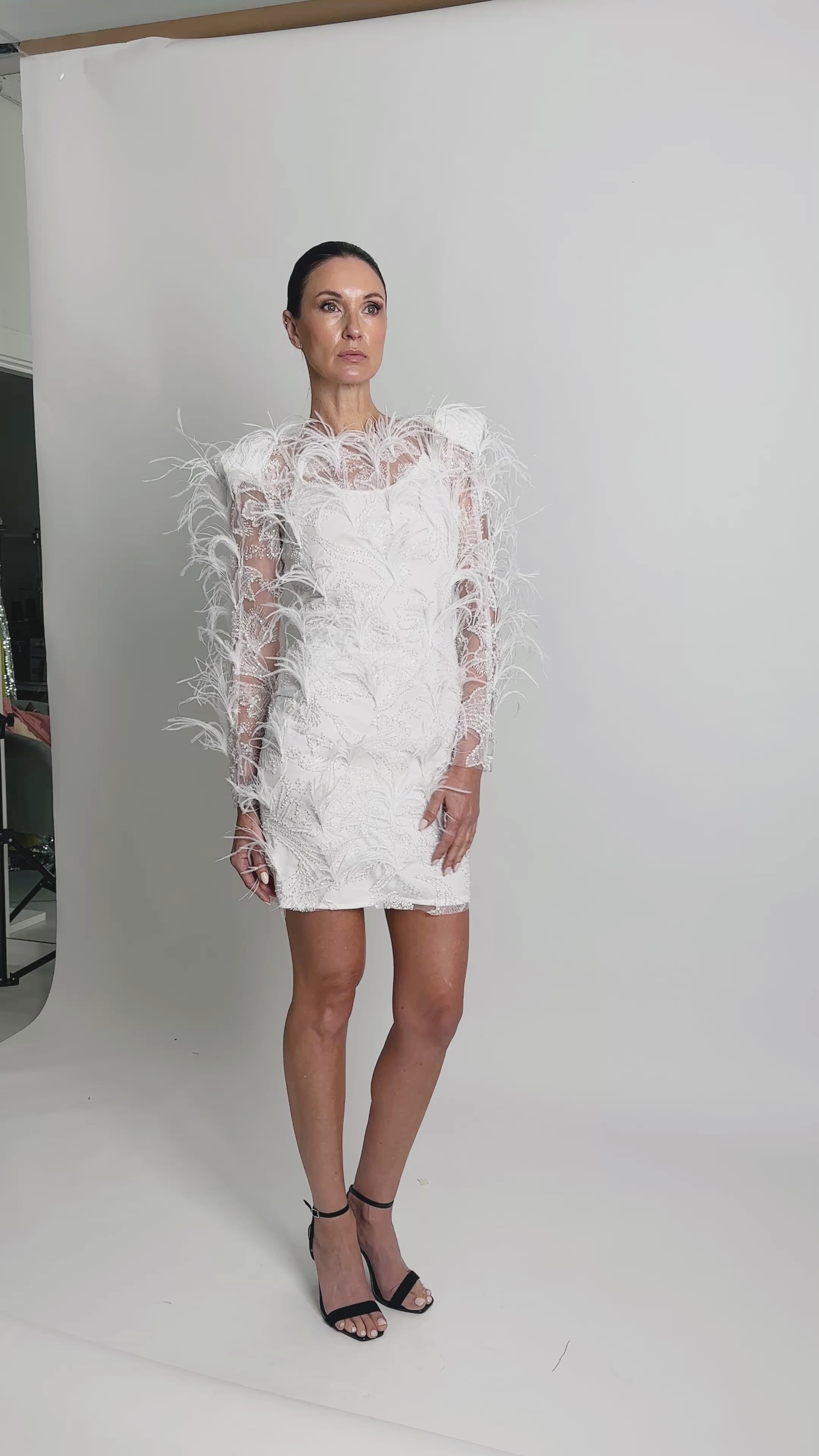 OSTRICH FEATHERED BEADED LACE DRESS
